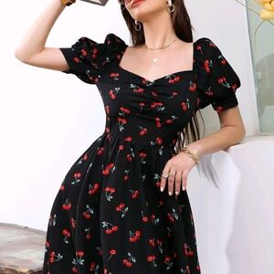 SHEIN Black Cherry Pattern Midi Dress Medium